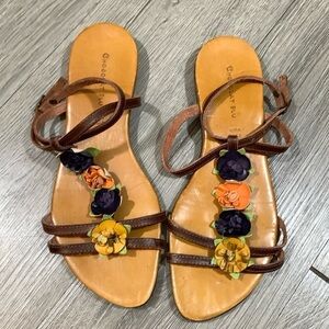 Chocolat Blu Flat Wrap Ankle Brown Leather Multicolor Floral Sandals size. 8.5
